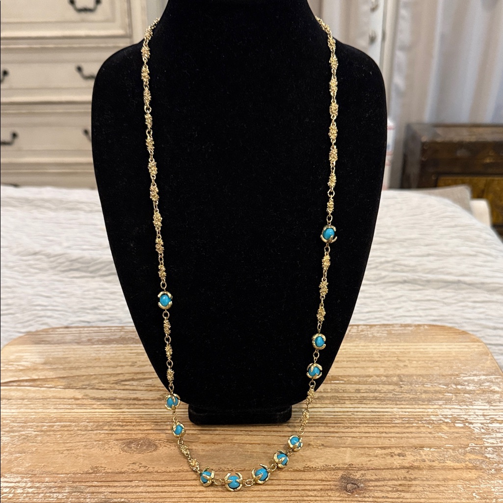 Vintage Marlyn Schiff Gold Tone Blue Beaded Long Statement Necklace